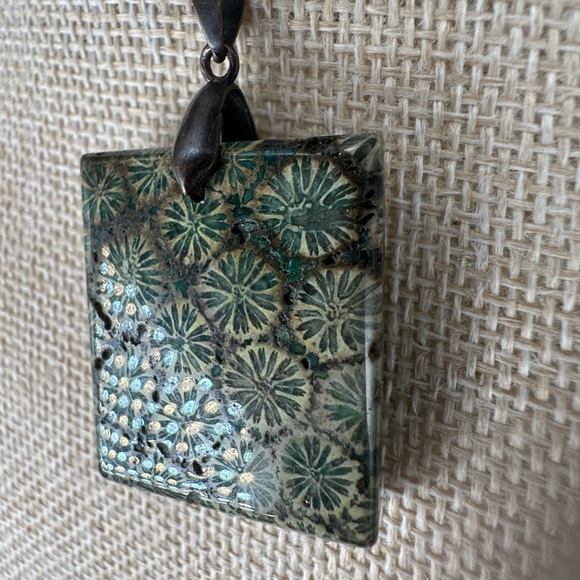 Green and Brown Coral Fossil Square Pendant Necklace on Brown Rope - Picture 8 of 12
